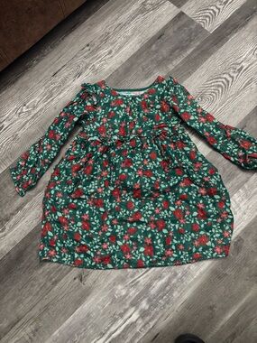 Cat & Jack Green Floral Long Sleeve Dress with Red Accents